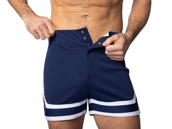 Mens Navy Athletic Stripe Coaches Shorts - BIKE® Athletic